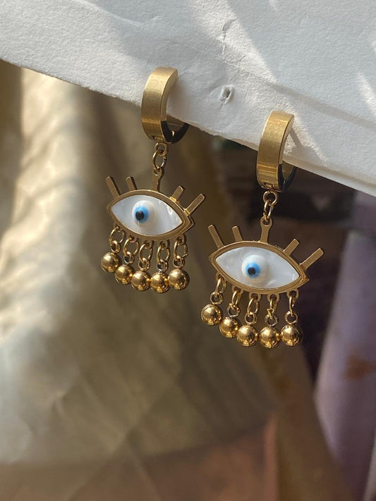 Golden Evil Eye Charm Drop Earrings