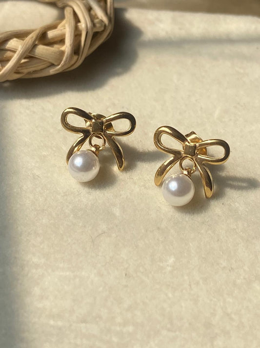 Golden Bow Pearl Stud Earrings